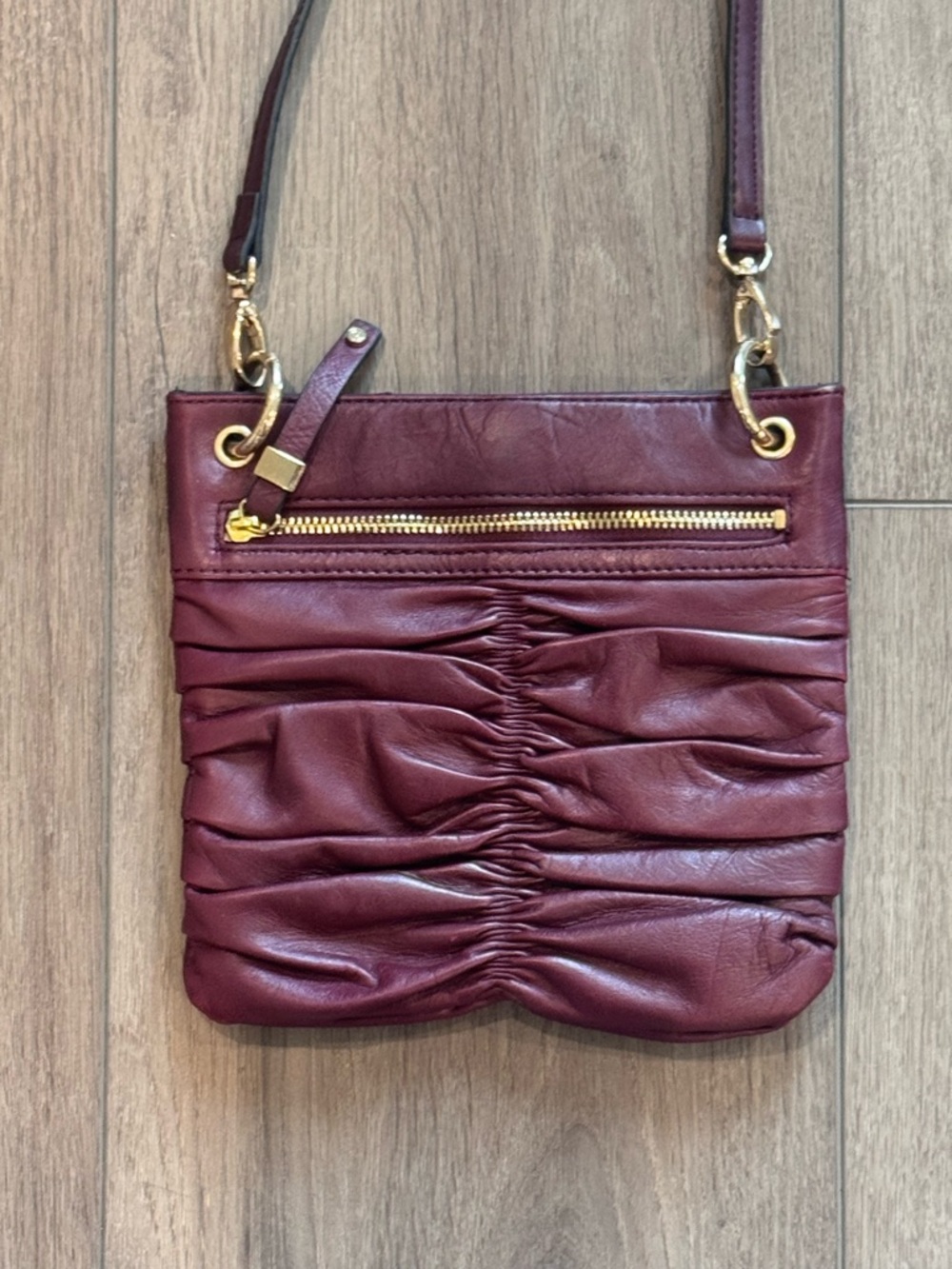 Etienne Aigner Burgundy Ruched Leather Crossbody with Gold Hardware - Picture 6 of 12